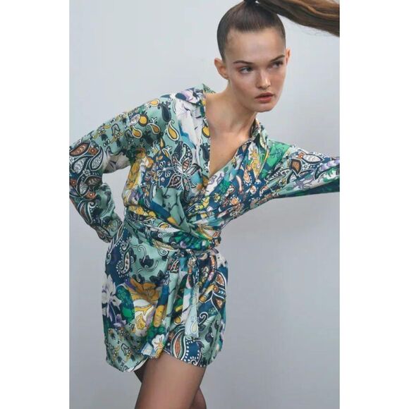 ZARA Multicolor Paisley Midi Wrap Tie Up Dress Women's Size Small - Picture 1 of 13